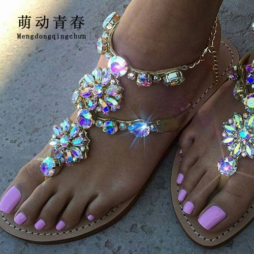 2017 Woman Sandals Women Shoes Rhinestones Chains Thong Gladiator Flat Sandals Crystal Chaussure Plus Size 46 tenis feminino - aliexpress.ma