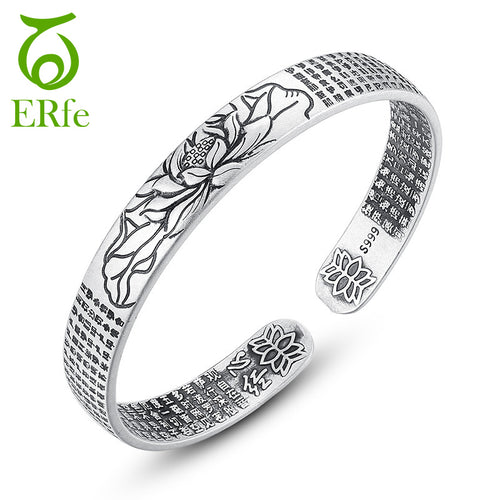 ER Vintage Silver Cuff Mantra Bracelet Men Heart Sutra Bangle Lotus Flower Braclet Tibetan Buddhism Ethnic Jewelry SB019 - aliexpress.ma
