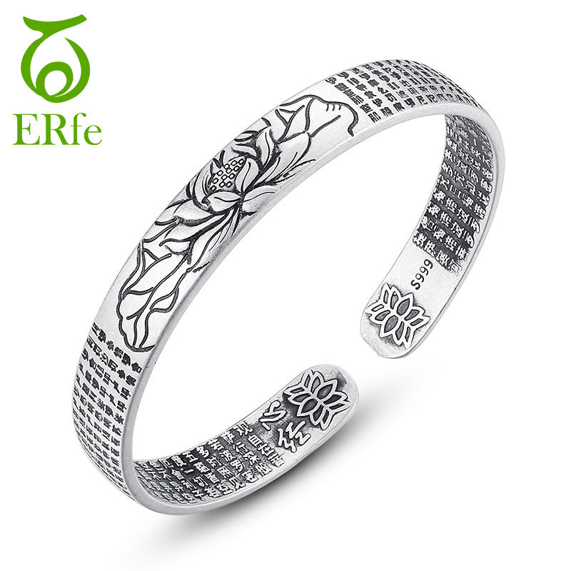 ER Vintage Silver Cuff Mantra Bracelet Men Heart Sutra Bangle Lotus Flower Braclet Tibetan Buddhism Ethnic Jewelry SB019 - aliexpress.ma