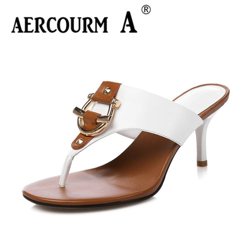 Aercourm A 2018 Women Genuine Leather Sandals Woman Fashion Slippers Lady Summer High Heel heel Slippers Withe Flip Flops H746 - aliexpress.ma