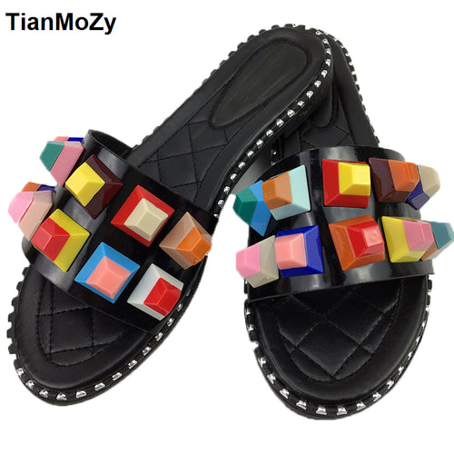rivet women sandals summer mixed colorful shoes exposed toe mules female home slippers flat pu black white shoes punk style - aliexpress.ma