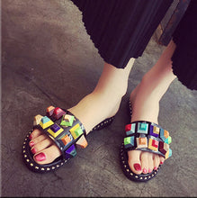 rivet women sandals summer mixed colorful shoes exposed toe mules female home slippers flat pu black white shoes punk style - aliexpress.ma