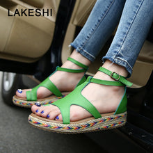 LAKESHI Women Sandals Fashion Straw Shoes Woman Summer Wedges Sandals Ankle Strap Casual Ladies Flat Sandals - aliexpress.ma