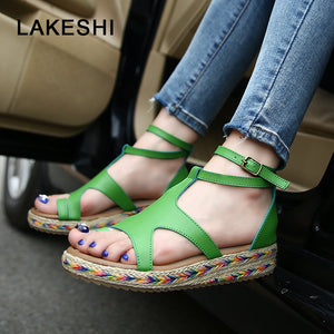 LAKESHI Women Sandals Fashion Straw Shoes Woman Summer Wedges Sandals Ankle Strap Casual Ladies Flat Sandals - aliexpress.ma